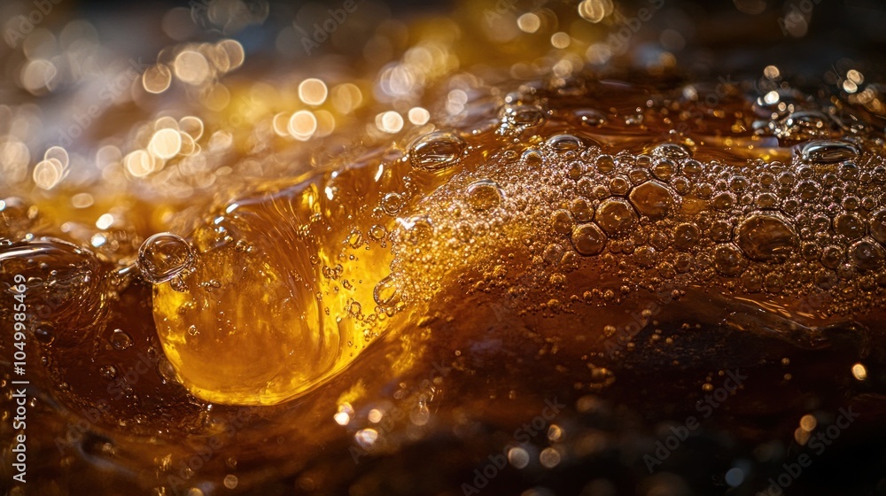 Poster close-up of golden liquid with bubbles and bokeh effect.