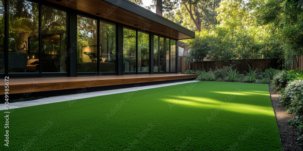 Poster a sleek home with large windows and a front yard featuring artificial grass framed by wooden edges, 
