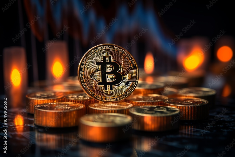 Aufkleber a collection of shiny bitcoin coins is arranged in a captivating display, illuminated by warm glowin
