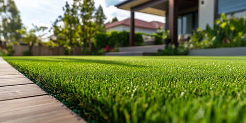 Obraz premium A spacious front yard with wooden-edged artificial grass, creating a smooth, clean aesthetic for a chic, modern home. Ideal layout for text or visual elements to be added.