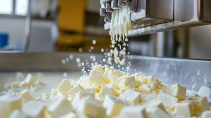 Fresh cheese curds being processed in modern dairy plant, showcasing production process