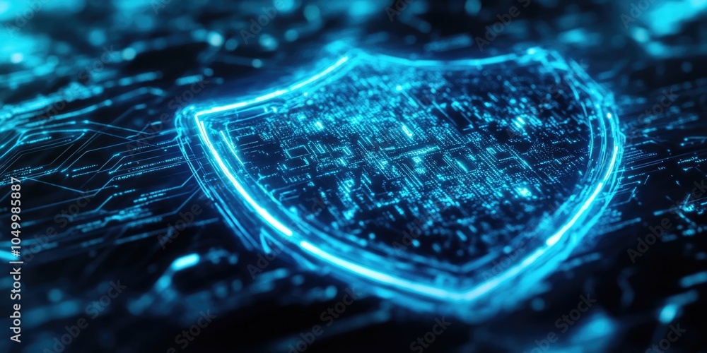 Poster blue shield with a glowing design on it. the shield is surrounded by a blue background. the design o