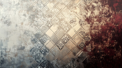 An abstract wall design featuring a blend of distressed textures and geometric patterns in soft shades of white, beige, and deep burgundy.
