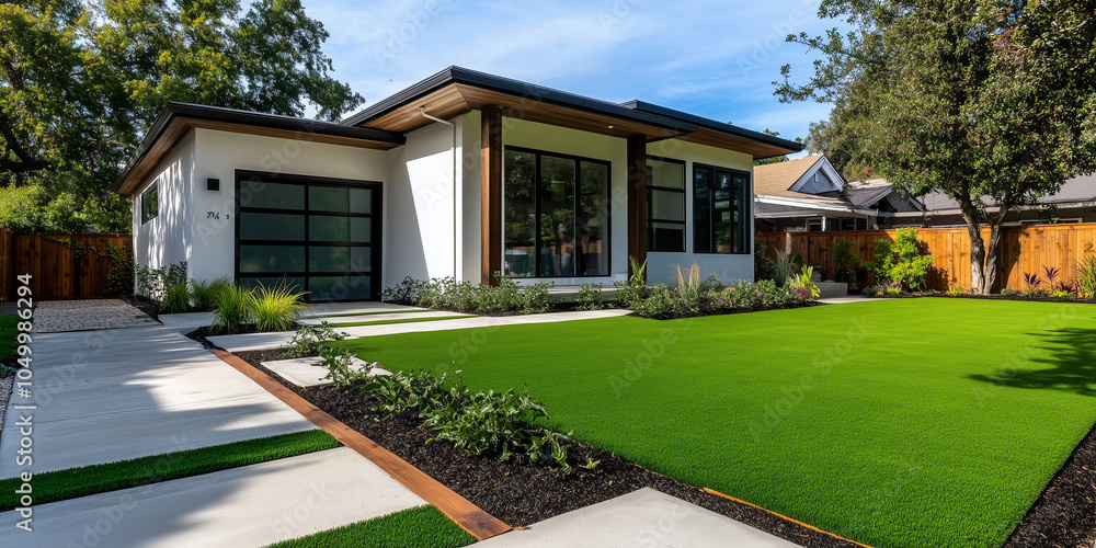 Poster a trendy home with clean lines and a front yard of artificial grass bordered by wooden edges, perfec