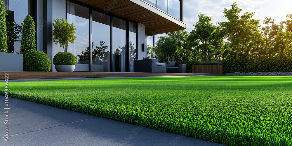 Poster a trendy home with clean lines and a front yard of artificial grass bordered by wooden edges, perfec