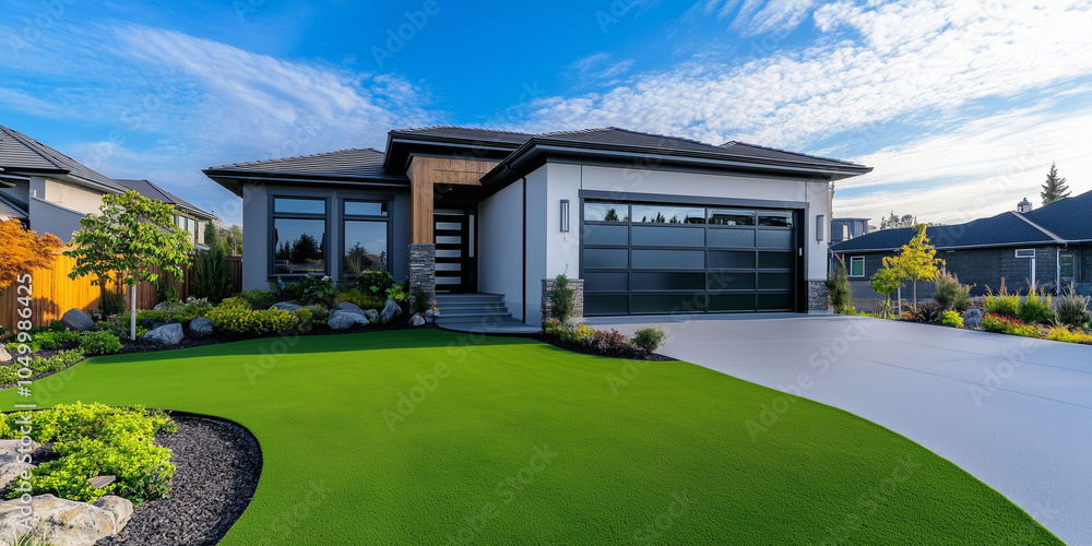 Poster a sophisticated home with artificial grass and wooden edging in the front yard, creating a sleek and