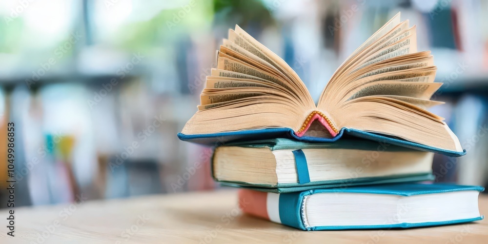Poster open book stack on wooden table in library setting