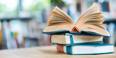 Fototapeta premium Open Book Stack on Wooden Table in Library Setting