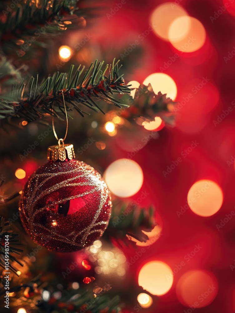 Poster red ornament hangs from a christmas tree. the tree is lit up with lights, creating a warm and festiv