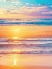 Fototapeta premium Beautiful sunset over the ocean with the sky in various shades of pink and orange. The water is calm and the waves are small