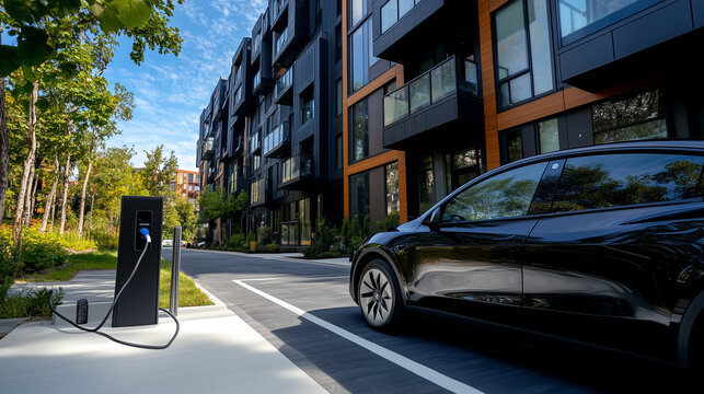 A contemporary condominium with an eco-friendly electric vehicle charging at a designated EV station in the parking lot, illustrating a commitment to sustainability.