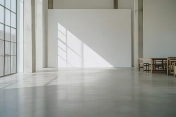 Obraz premium In the open office area, a white wall against tables, chairs and concrete creates an industrial look. Opposite is a similarly sized mock-up wall for creative presentations or team brainstorming.