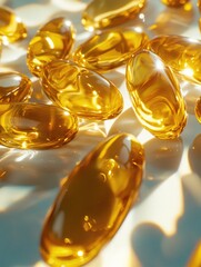 Close up of a bunch of yellow pills. The pills are all the same size and shape, and they are all facing the same direction. The image has a calm and peaceful mood