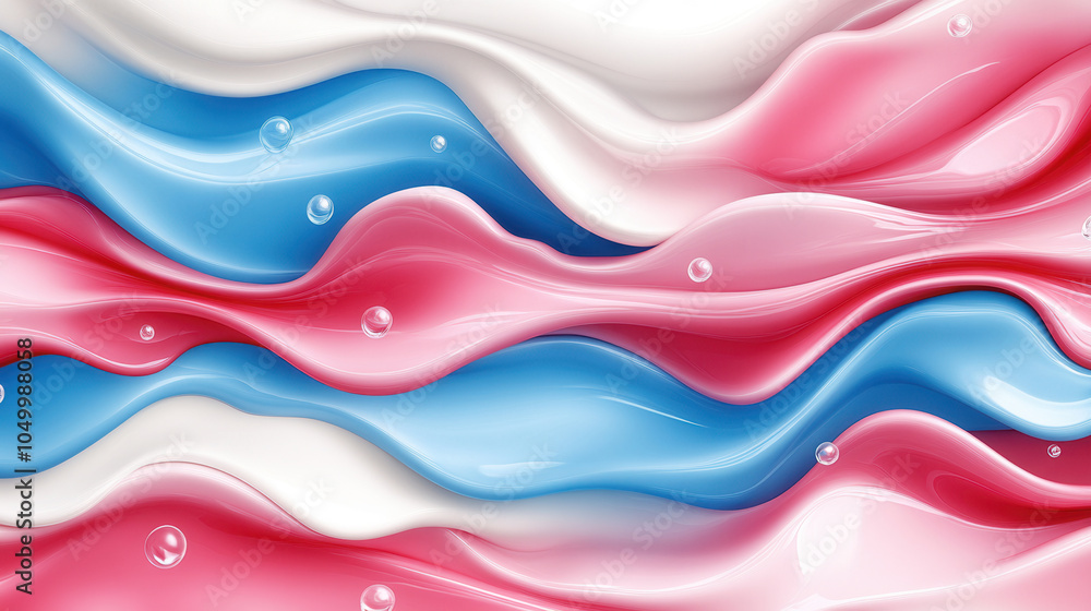 Poster smooth waves of pink, cyan, and white create vibrant and dynamic background, enhanced by subtle bubb
