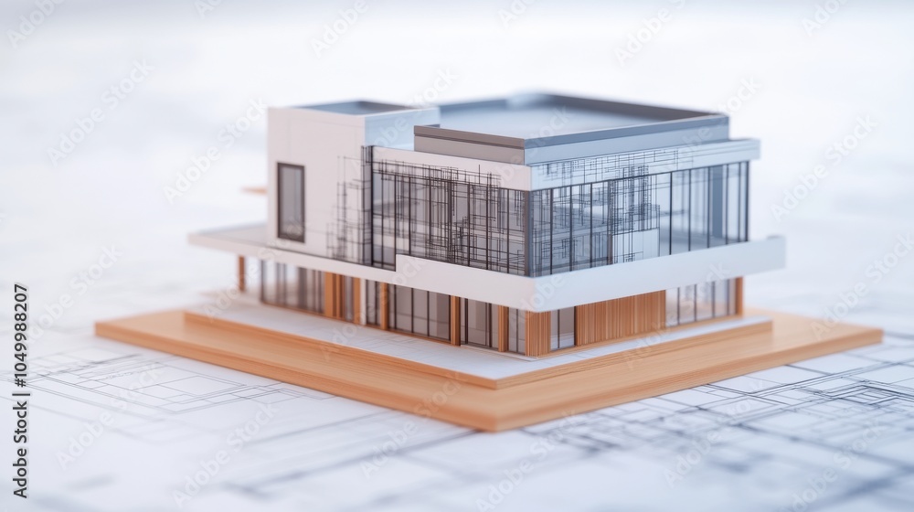 Poster modern architectural model on blueprint background
