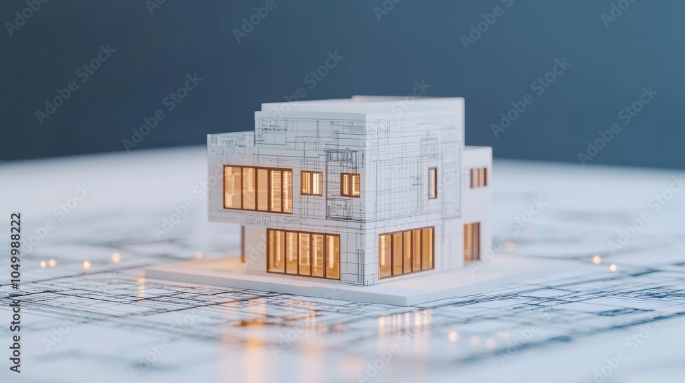 Poster modern architectural model with blueprint background