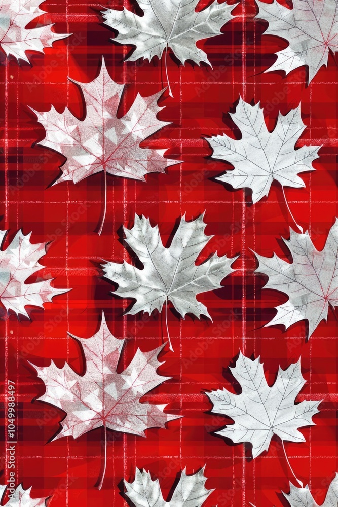 Poster red and white plaid background with a pattern of leaves. the leaves are silver and red, and they are