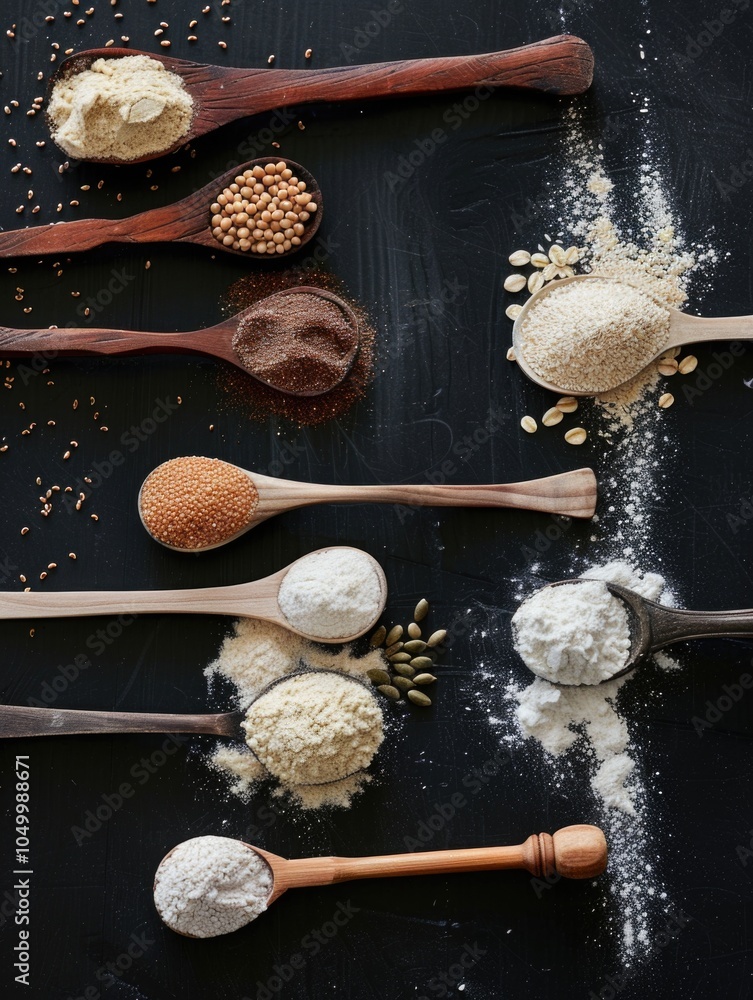 Poster collection of spoons with various spices and grains on a black background. the spoons are arranged i