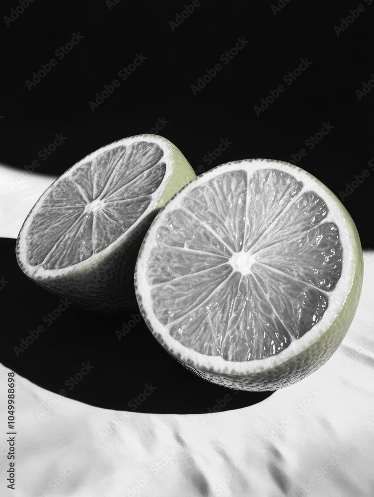 Poster two slices of lime are cut in half and placed on a white background. the image has a monochromatic c