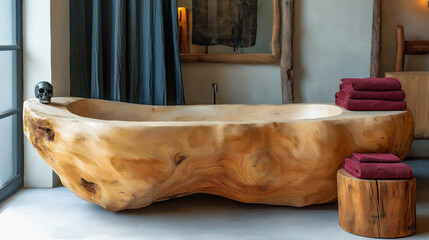 Rustic wooden bathtub with skull decor and towels. Rustic luxury, Halloween vibes, autumn decor.