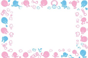 Simple frame in pink and light blue, thin frame lines. Simple Faces of babies, girls and boys. baby background
