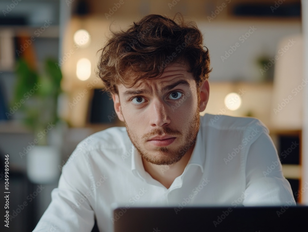 Poster man with a beard and a red head is staring at a laptop. he is focused on the screen, possibly workin
