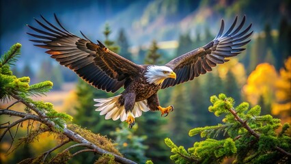 Obraz premium Majestic Bald Eagle Launching From Tree Branch in Natural Habitat - Captivating Wildlife Photography for Nature Lovers
