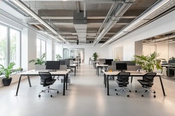 In the open office area, a white wall against tables, chairs and concrete creates an industrial look. Opposite is a similarly sized mock-up wall for creative presentations or team brainstorming.