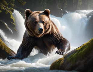 Obraz premium A striking and dramatic image of a small brown bear being swept away by the rushing current as it swims past a rotting tree. Detailed texture of the bear's fur and shows realistic water effects.