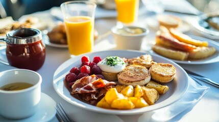 Delicious Breakfast Plate with Fruits and Potatoes