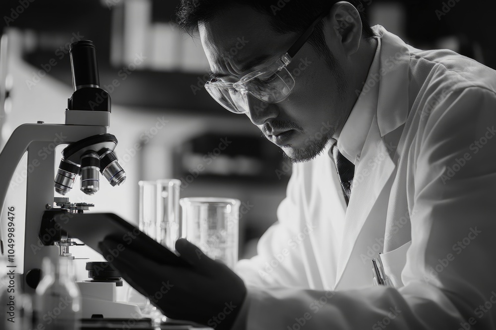 Poster man in a lab coat is looking at a microscope. he is wearing glasses and has a tie. concept of focus 