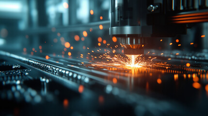 A futuristic 3D printer using laser sintering technology to print intricate metal parts, with sparks flying as the laser fuses the powder into a solid object, embodying the 4.0 ind