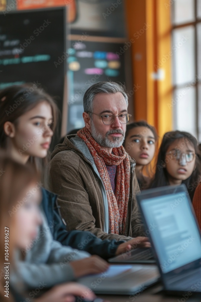 Poster man with glasses and a scarf sits in front of a group of children. the children are looking at him, 