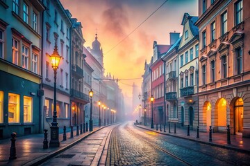 Fototapeta premium Misty streets of Poznan, Poland. Minimalist photography captures the quietude.