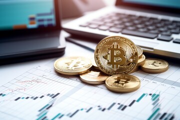 A collection of Bitcoin coins sits prominently on a financial chart, while a laptop displays market trends and data analysis, emphasizing cryptocurrency investment and technology