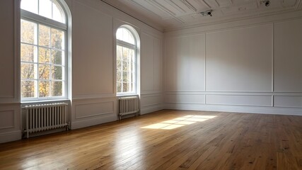 Overhead view of a pristine white room with warm wooden floors, ready for design.