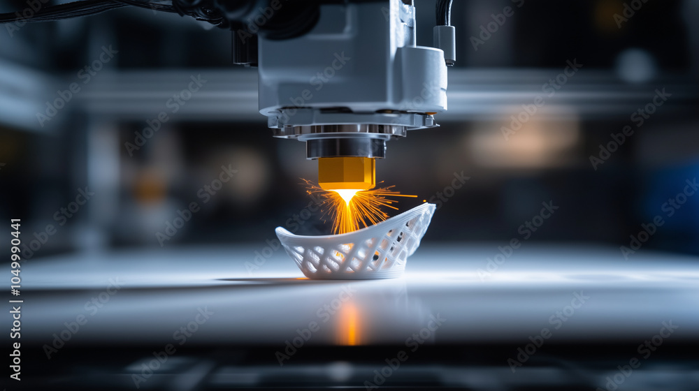 Poster a powerful laser cuts through layers of metal powder in a selective laser sintering (sls) 3d printer