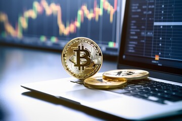 A laptop displays fluctuating financial charts while golden Bitcoin coins rest nearby, illustrating the dynamic world of cryptocurrency trading