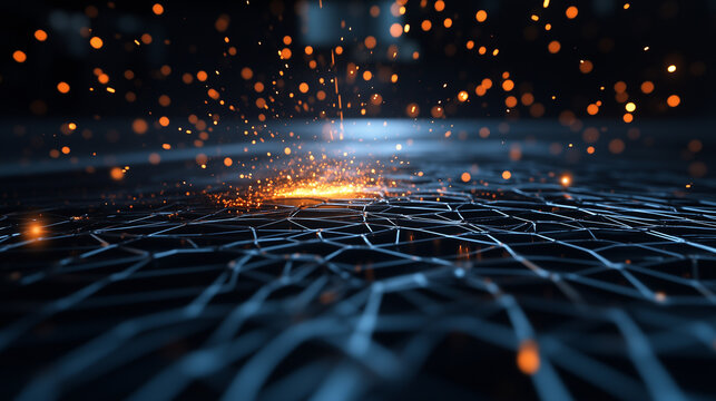 A detailed look at the action of a laser sintering machine as it prints a complex metal structure, with the laser beam producing a cascade of sparks and molten metal under the inte