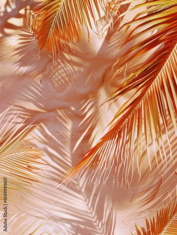 Poster close up of a palm tree with its leaves and the shadow of the tree on the ground
