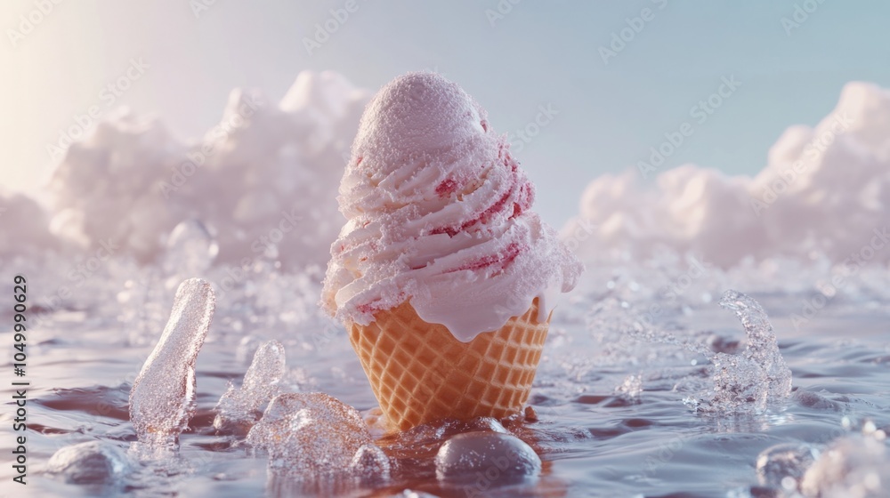 Aufkleber white ice cream cone is floating in a body of water. the scene is set in a cold, wintry environment,