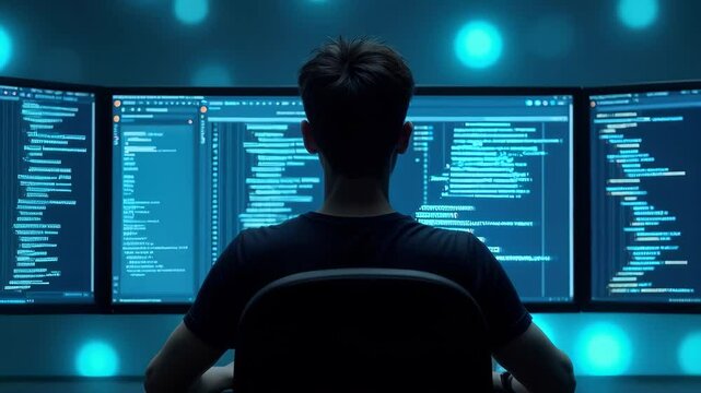 Silhouette of a programmer working on multiple monitors filled with code in a dimly lit room, creating a focused, high-tech, and cyber-themed atmosphere.