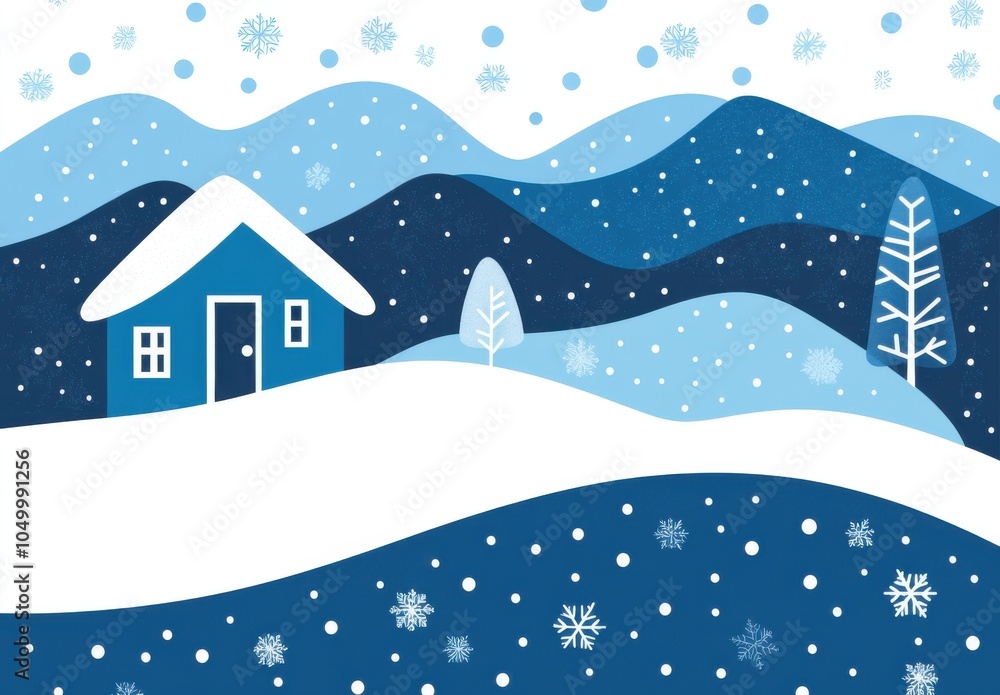 Poster a vector illustration of a winter snow scene with simple blue and white colors, featuring a house on