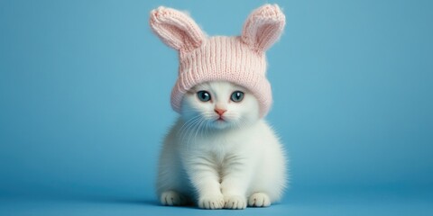 Fototapeta premium White kitten wearing a pink hat. The hat is knit and has a rabbit design. The kitten is sitting on a blue surface