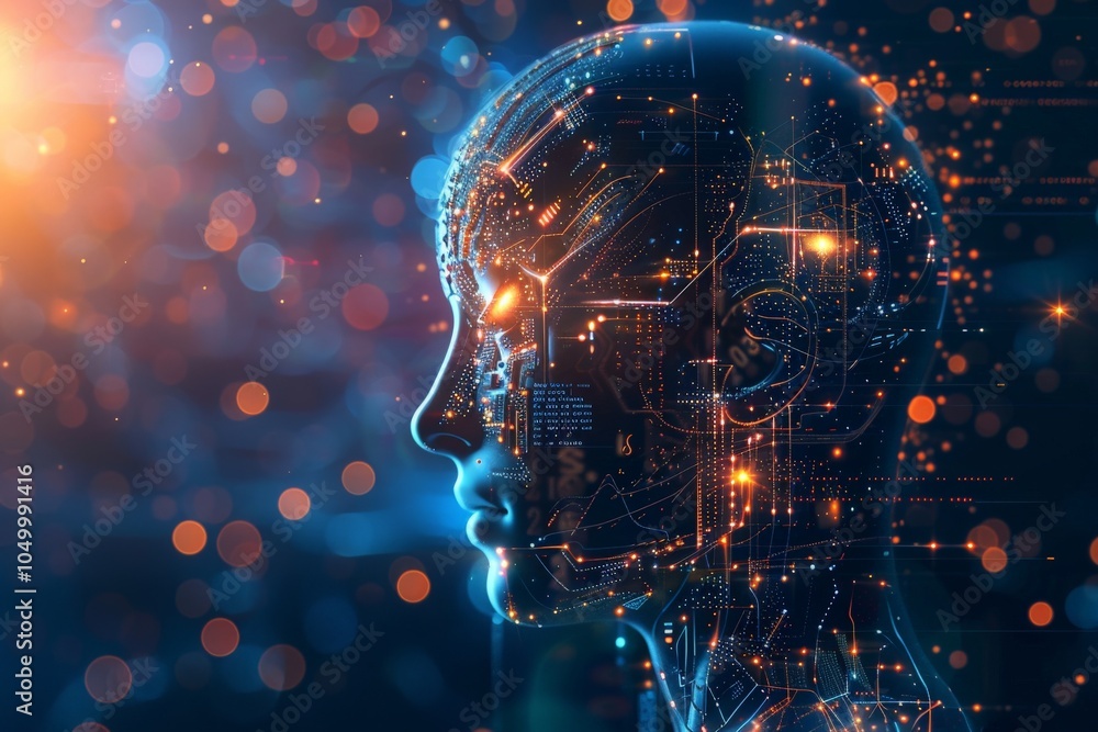 Poster depicting a futuristic ai concept, this image features a digital human head with integrated circuit 