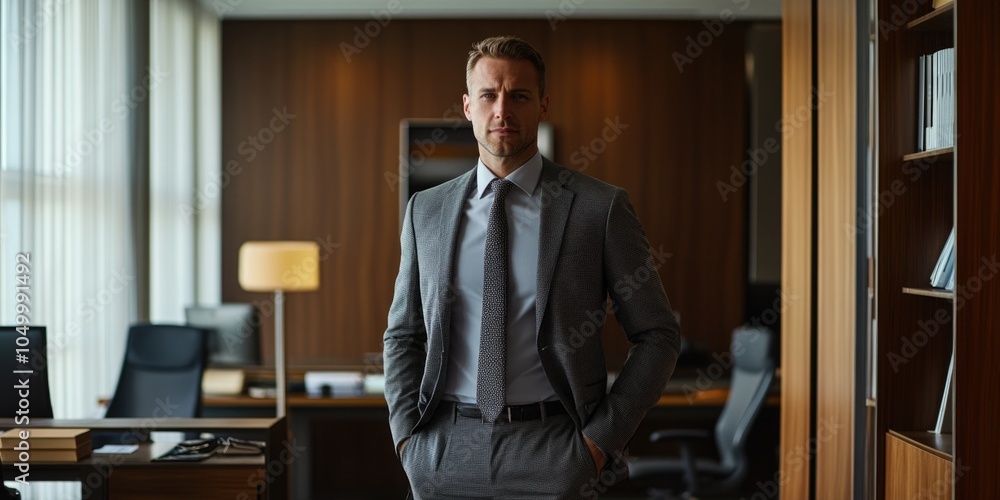 Poster man in a suit stands in front of a desk with a lamp. he is wearing a tie and he is confident and pro