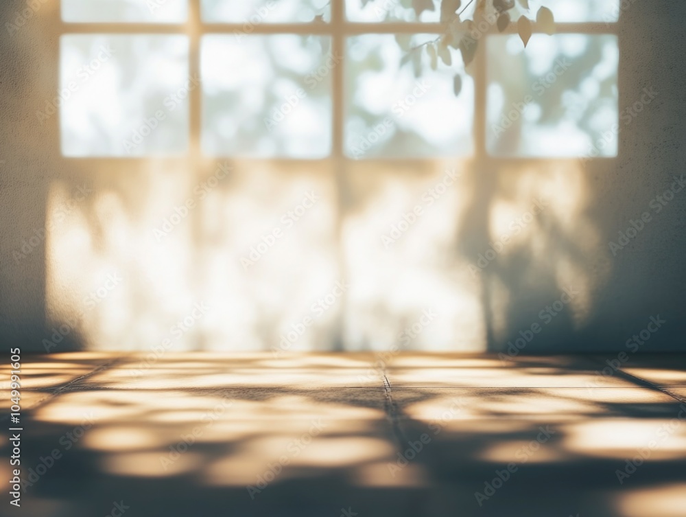Poster window with a tree outside casts a shadow on the floor. the room is empty and the light is coming in
