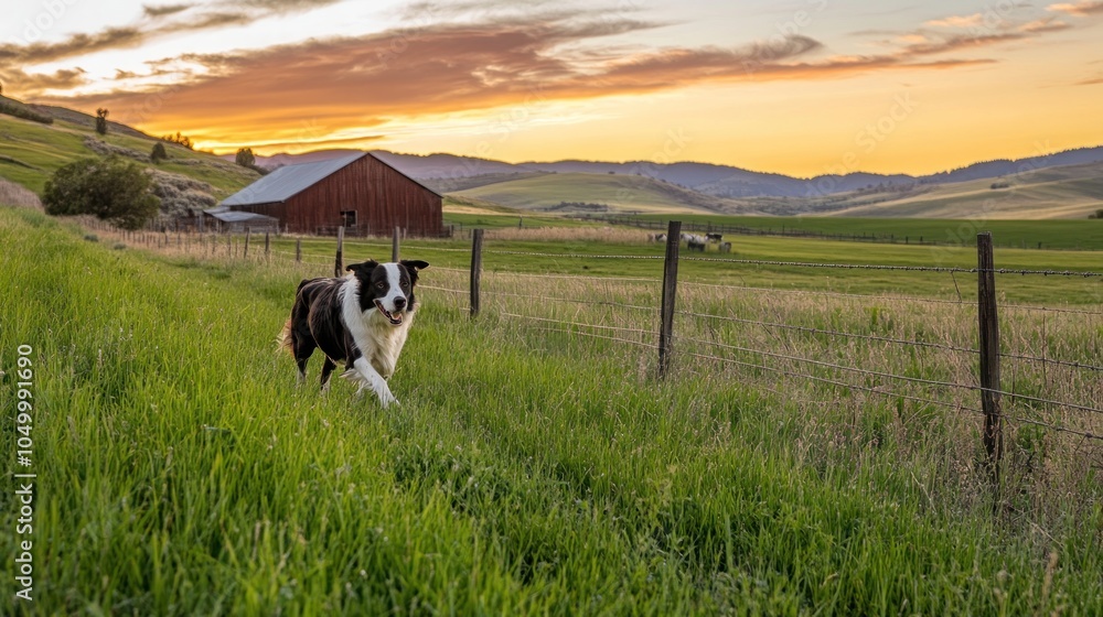 Poster a border collie runs through a field at sunset towards a red barn.