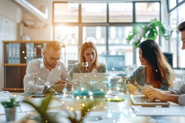 A group sits together analyzing digital data on laptops, highlighting collaborative teamwork and the integration of technology in modern meetings.