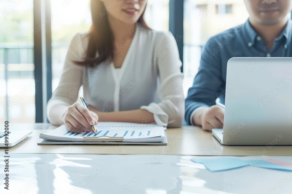 Poster a woman and man in a business setting are reviewing documents while typing on laptops, symbolizing c